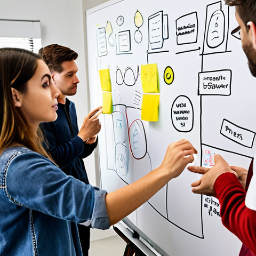 **

Prompt: "A diverse group of people participating in a workshop, brainstorming ideas for a new mobile app interface on a whiteboard. Focus on collaboration, creativity, and user-centric design principles, with sticky notes and sketches scattered around."

**
