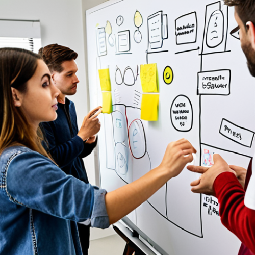 **

Prompt: "A diverse group of people participating in a workshop, brainstorming ideas for a new mobile app interface on a whiteboard. Focus on collaboration, creativity, and user-centric design principles, with sticky notes and sketches scattered around."

**
