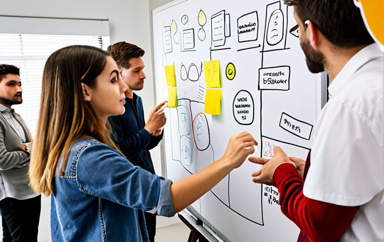 **

Prompt: "A diverse group of people participating in a workshop, brainstorming ideas for a new mobile app interface on a whiteboard. Focus on collaboration, creativity, and user-centric design principles, with sticky notes and sketches scattered around."

**