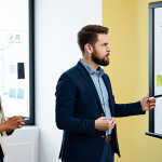 A diverse team of professional service designers, fully clothed, in modest business attire, actively engaged in a collaborative workshop. They are standing around a large whiteboard or digital display covered with colorful sticky notes and diagrams, visually mapping a customer journey. One designer points thoughtfully at a section, while others observe and discuss. Their expressions are focused and collaborative, demonstrating problem-solving. The setting is a bright, modern, and spacious office conference room, with natural light filling the room. Professional photography, high-resolution, sharp focus, perfect anatomy, correct proportions, natural pose, well-formed hands, proper finger count, natural body proportions, safe for work, appropriate content, fully clothed, professional.