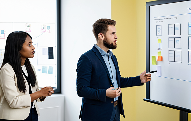 A diverse team of professional service designers, fully clothed, in modest business attire, actively engaged in a collaborative workshop. They are standing around a large whiteboard or digital display covered with colorful sticky notes and diagrams, visually mapping a customer journey. One designer points thoughtfully at a section, while others observe and discuss. Their expressions are focused and collaborative, demonstrating problem-solving. The setting is a bright, modern, and spacious office conference room, with natural light filling the room. Professional photography, high-resolution, sharp focus, perfect anatomy, correct proportions, natural pose, well-formed hands, proper finger count, natural body proportions, safe for work, appropriate content, fully clothed, professional.