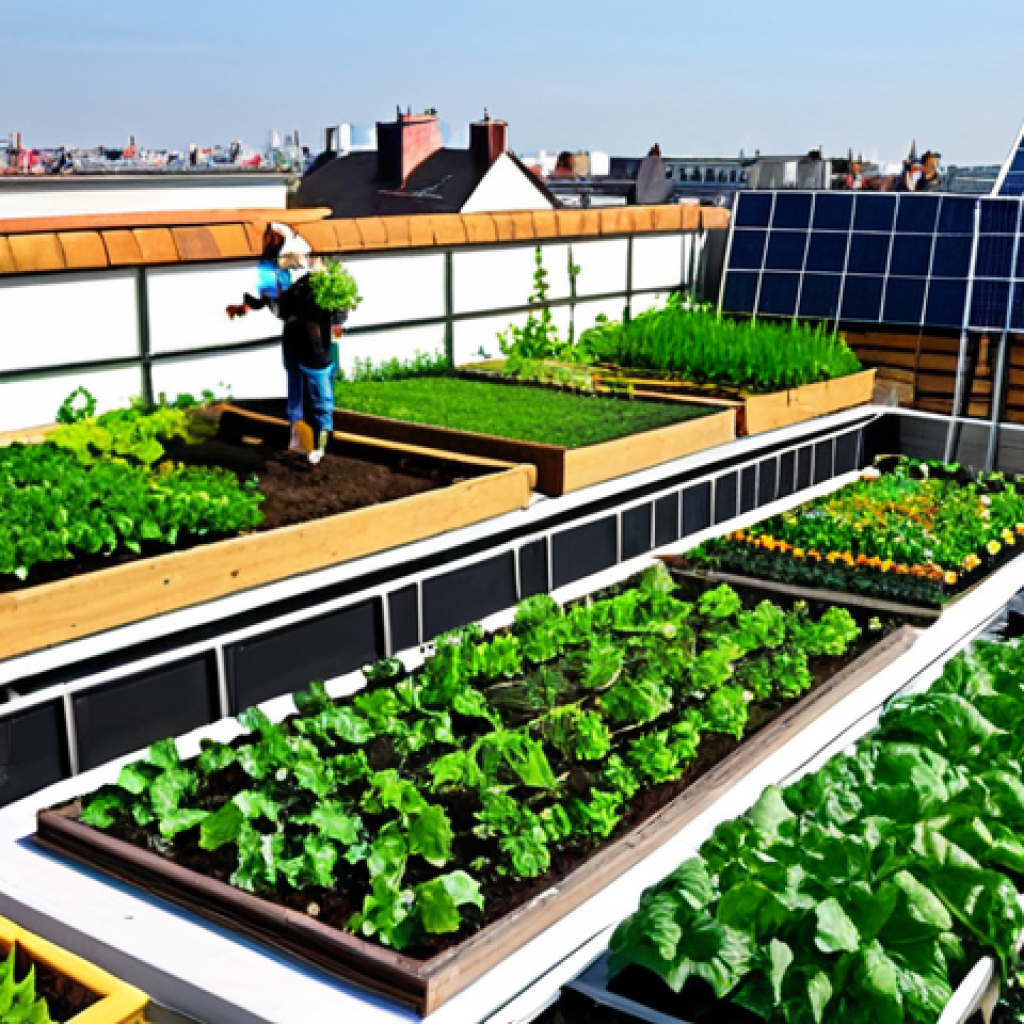 **
"A bustling urban garden on a rooftop in Warsaw, Poland. People of diverse ages are gardening, tending to vegetables and flowers. Solar panels are integrated into the design of the rooftop structure. Rainwater harvesting system visible. Safe for work, appropriate content, fully clothed, professional, family-friendly, perfect anatomy, correct proportions, natural pose. Modest clothing, professional landscape architecture, high quality, vibrant colors, sunny day, eco-friendly design."
**