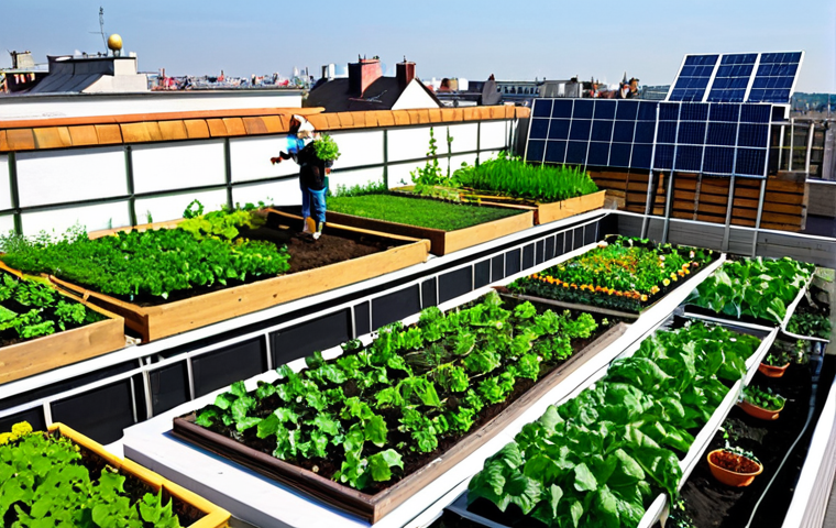 **
"A bustling urban garden on a rooftop in Warsaw, Poland. People of diverse ages are gardening, tending to vegetables and flowers. Solar panels are integrated into the design of the rooftop structure. Rainwater harvesting system visible. Safe for work, appropriate content, fully clothed, professional, family-friendly, perfect anatomy, correct proportions, natural pose. Modest clothing, professional landscape architecture, high quality, vibrant colors, sunny day, eco-friendly design."
**
