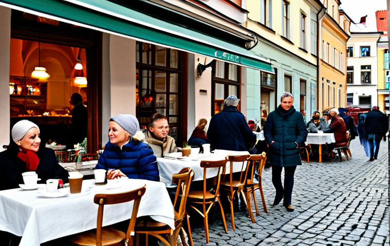 Busy Warsaw Café**
"A bustling café scene in the heart of Warsaw, Poland. People are enjoying coffee and pastries at outdoor tables. In the background, you see the characteristic architecture of the Old Town. The scene is filled with warm, inviting light. Everyone is fully clothed in fashionable, but appropriate autumn attire. safe for work, professional photography, perfect anatomy, natural pose, high quality, modest"
**