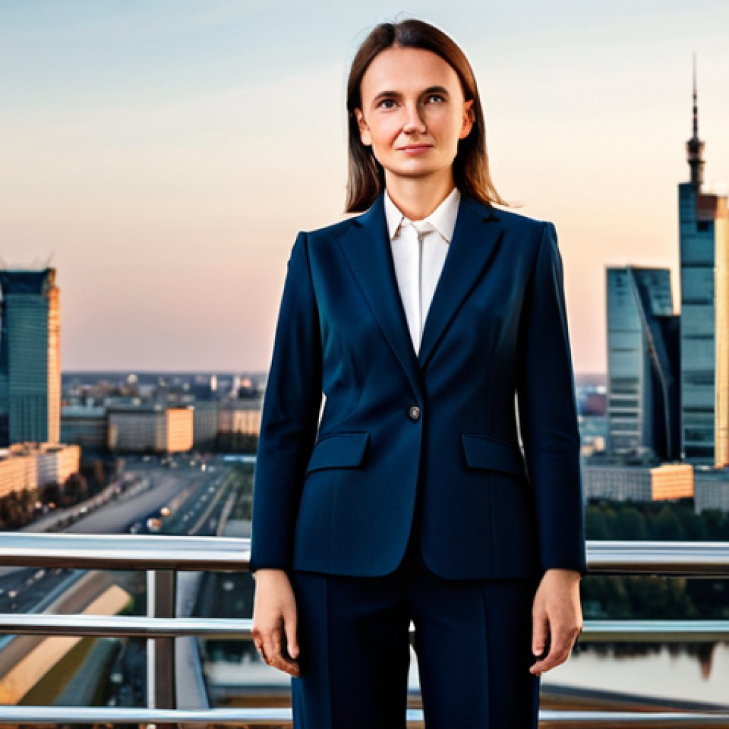 Modern Warsaw Professional**
"A professional businesswoman, fully clothed in a stylish, tailored suit (appropriate attire for a Warsaw business meeting), stands confidently against the backdrop of the Warsaw skyline at sunset, safe for work, perfect anatomy, correct proportions, natural pose, professional photography, high quality, modern and family-friendly."
**