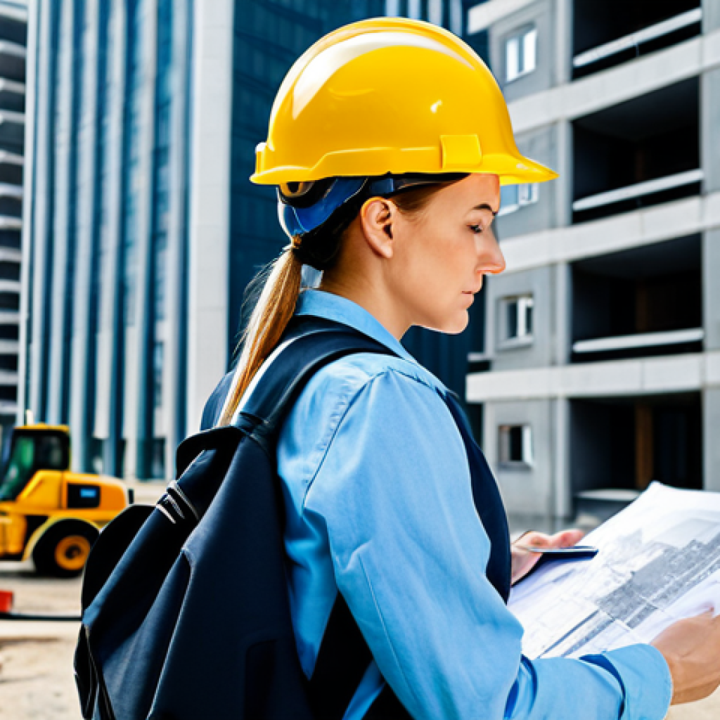 비즈니스 모델과 서비스 디자인의 접점 - "A professional female architect in a hard hat and fully clothed work attire, reviewing blueprints o...