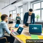 Home 22 고객 경험 향상을 위한 서비스 디자인 전략 - A modern office scene in Warsaw, Poland, showing a diverse interdisciplinary team of UX designers, m...