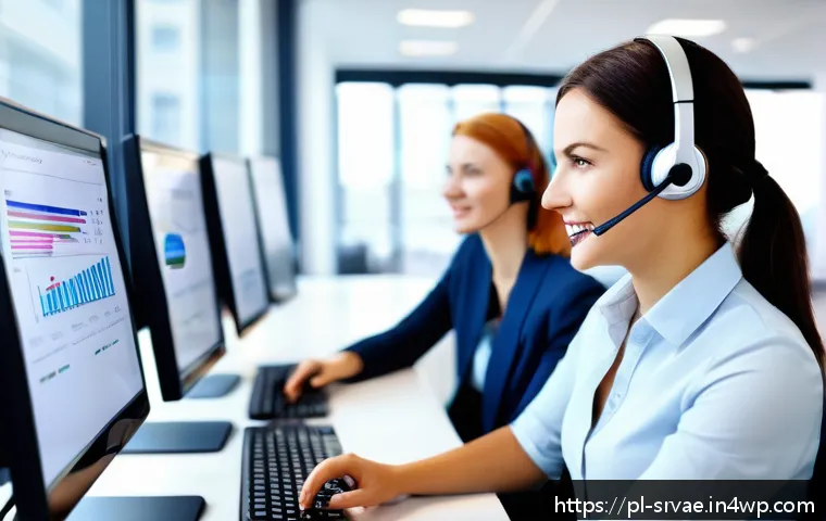 서비스 디자인의 성과 측정 지표 - A modern customer service center scene showing a diverse team of empathetic, professional employees ...