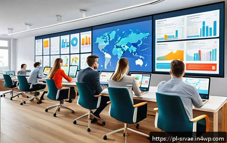 서비스 디자인의 최적화 전략 - A modern office scene showing a diverse team of professionals collaborating around a large digital s...
